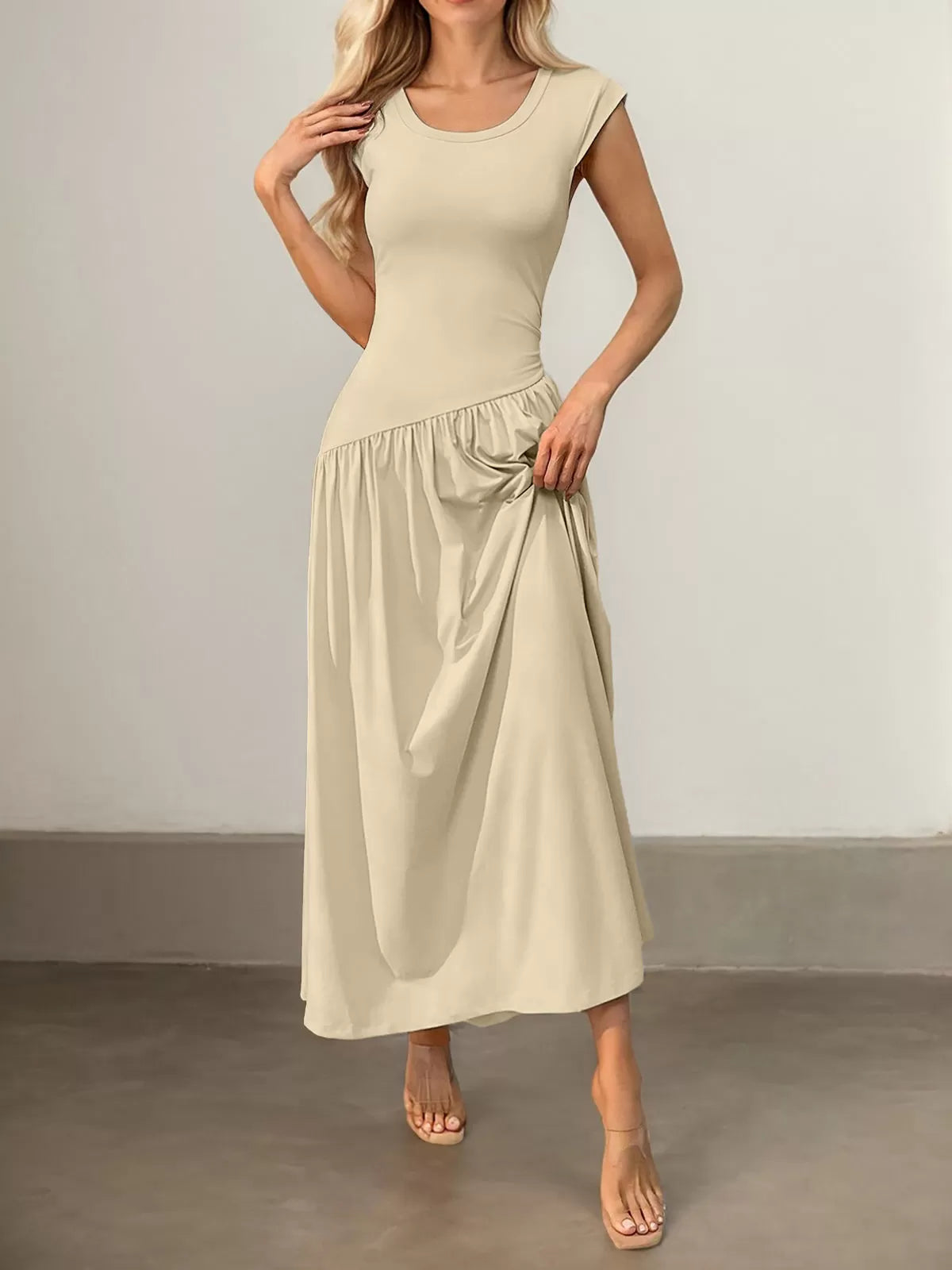 Solid Scoop Neck Cap Sleeve Pleating Long Fit and Flare Dress