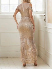 Solid Sequins Round Neck Cold Shoulder Slit Dress