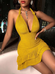 Solid Sexy Bow Halter Short Bodycon Dress
