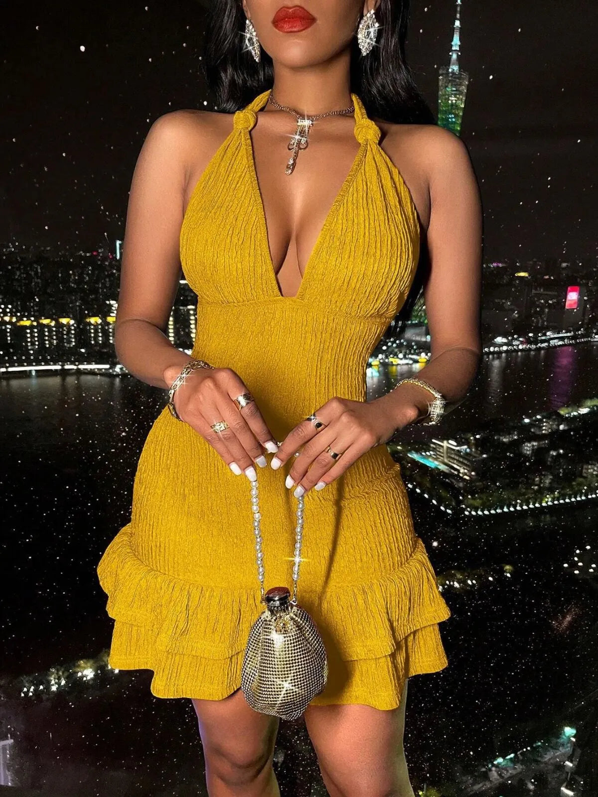 Solid Sexy Bow Halter Short Bodycon Dress