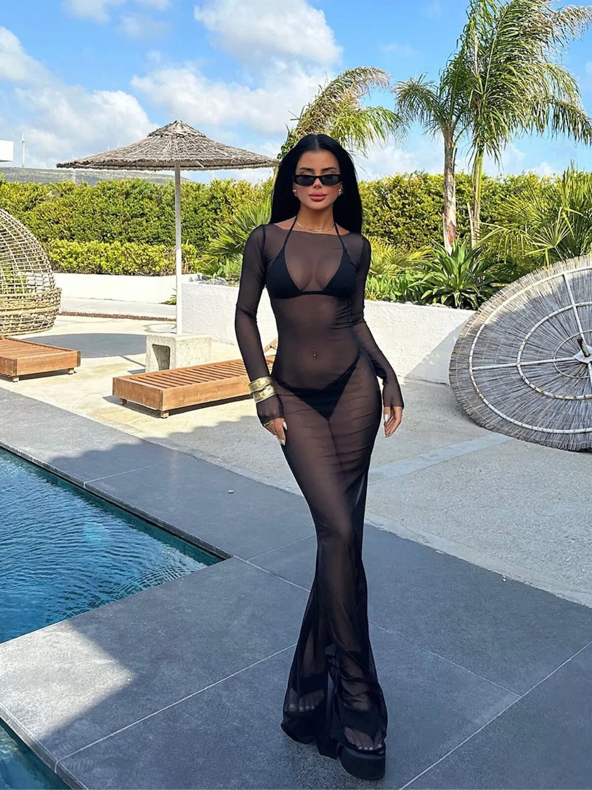 Solid Sexy Mesh Sheer Vacation Beach Cover Up Fitted Dress
