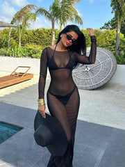 Solid Sexy Mesh Sheer Vacation Beach Cover Up Fitted Dress