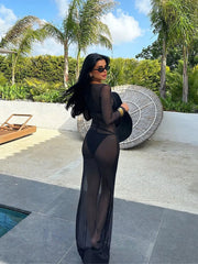 Solid Sexy Mesh Sheer Vacation Beach Cover Up Fitted Dress