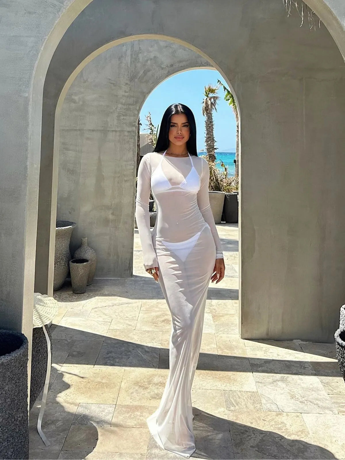 Solid Sexy Mesh Sheer Vacation Beach Cover Up Fitted Dress