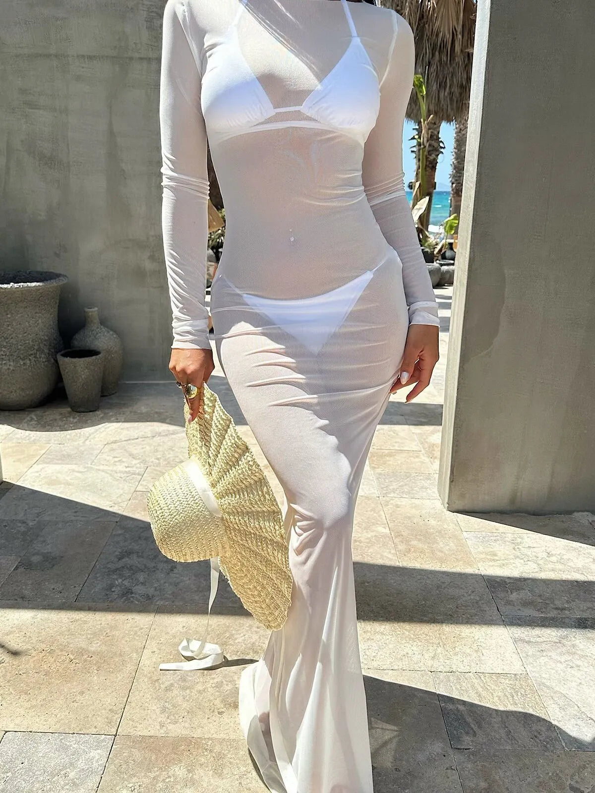 Solid Sexy Mesh Sheer Vacation Beach Cover Up Fitted Dress