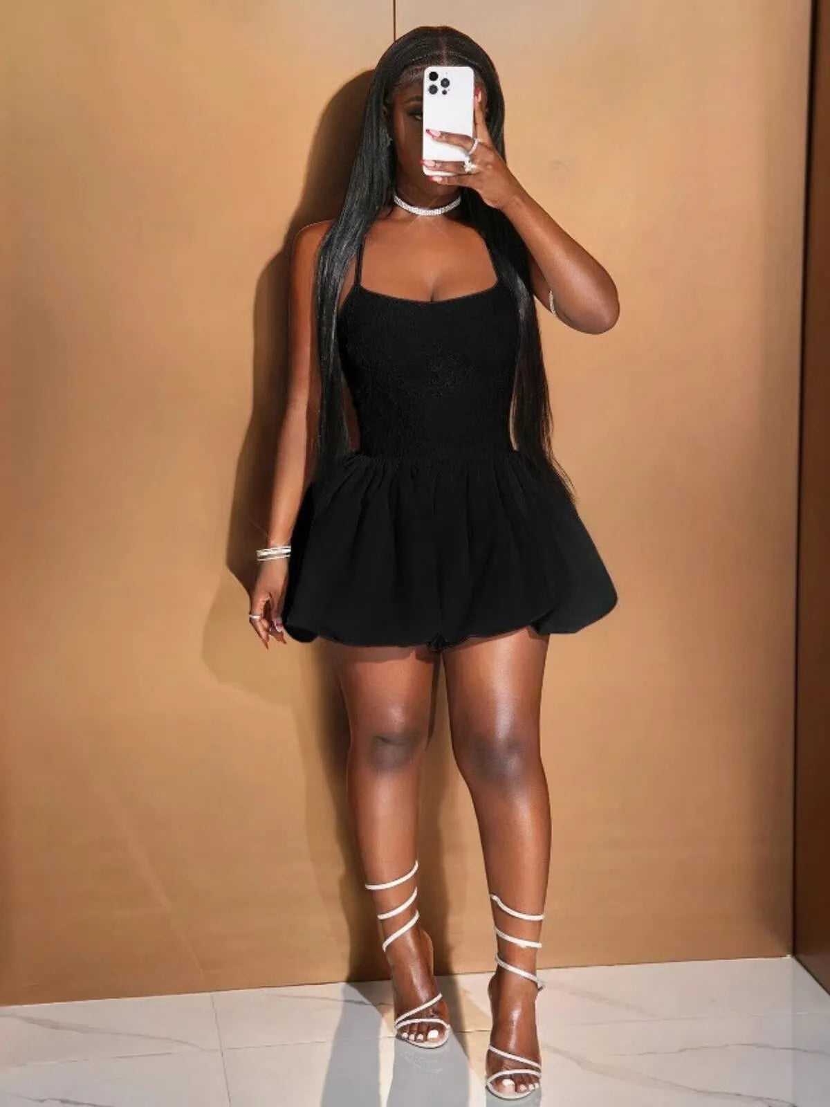 Solid Sexy Spaghetti Strap Back Cross Strap Bubble Dress