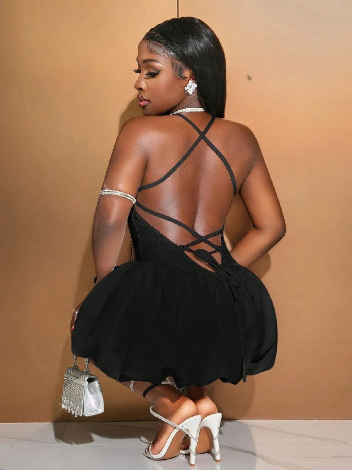 Solid Sexy Spaghetti Strap Back Cross Strap Bubble Dress
