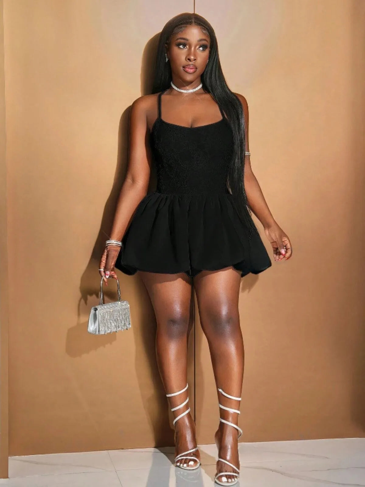Solid Sexy Spaghetti Strap Back Cross Strap Bubble Dress