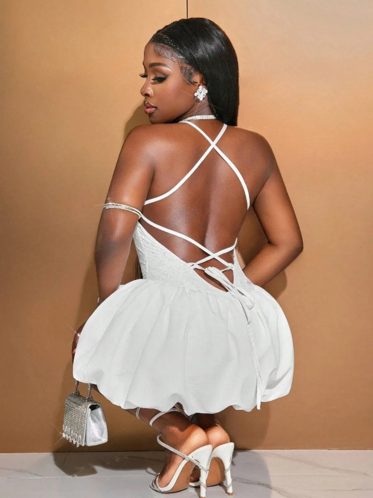 Solid Sexy Spaghetti Strap Back Cross Strap Bubble Dress