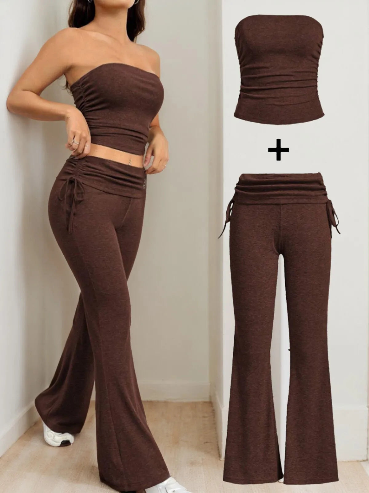Solid Sexy Strapless Crop Top & Solid Flare Leg Pants