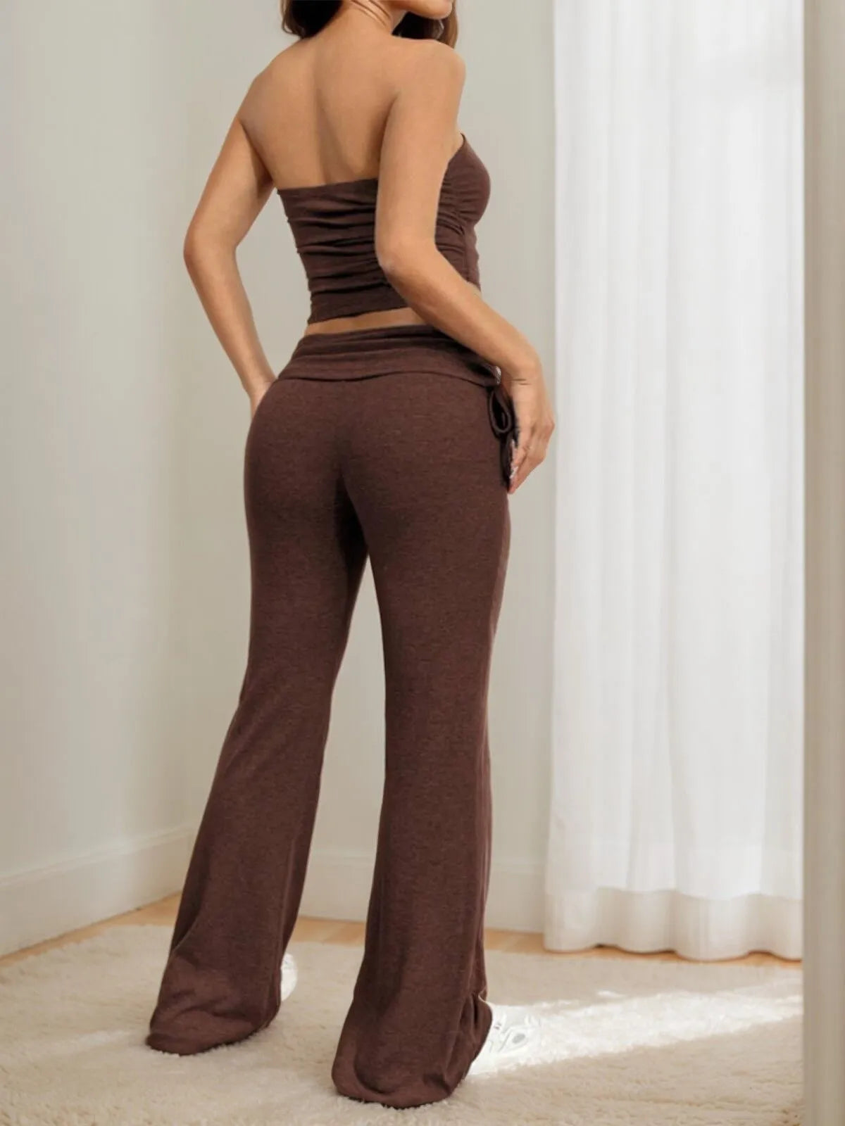 Solid Sexy Strapless Crop Top & Solid Flare Leg Pants