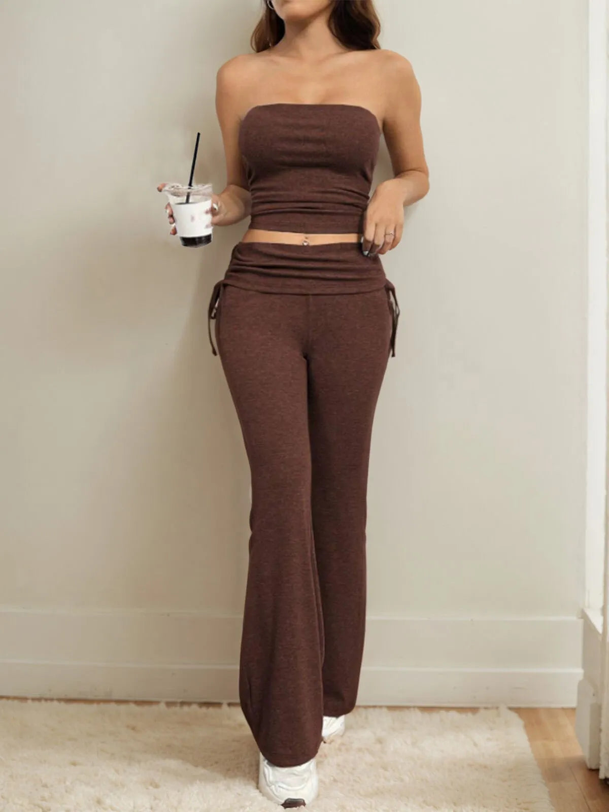 Solid Sexy Strapless Crop Top & Solid Flare Leg Pants