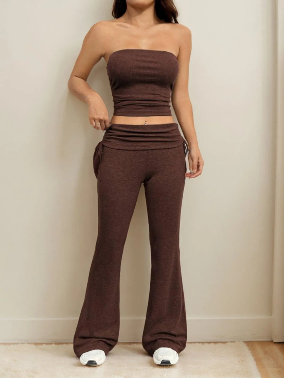 Solid Sexy Strapless Crop Top & Solid Flare Leg Pants