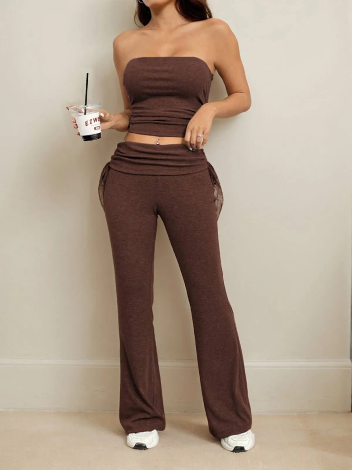 Solid Sexy Strapless Crop Top & Solid Flare Leg Pants