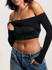 Solid Slashed Cold Shoulder Ribbed T-shirt