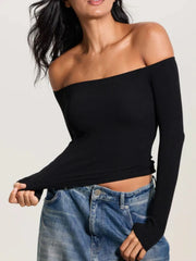 Solid Slashed Cold Shoulder Ribbed T-shirt