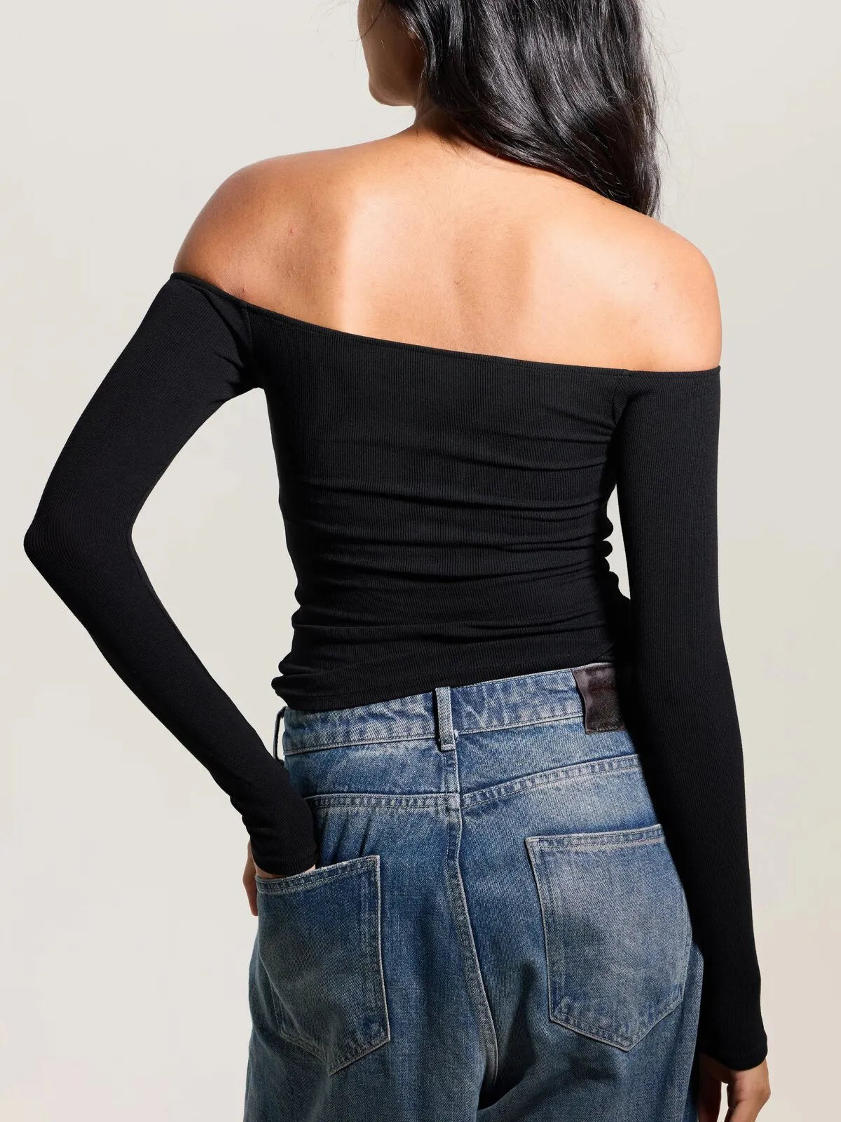 Solid Slashed Cold Shoulder Ribbed T-shirt