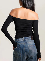 Solid Slashed Cold Shoulder Ribbed T-shirt