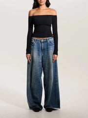 Solid Slashed Cold Shoulder Ribbed T-shirt