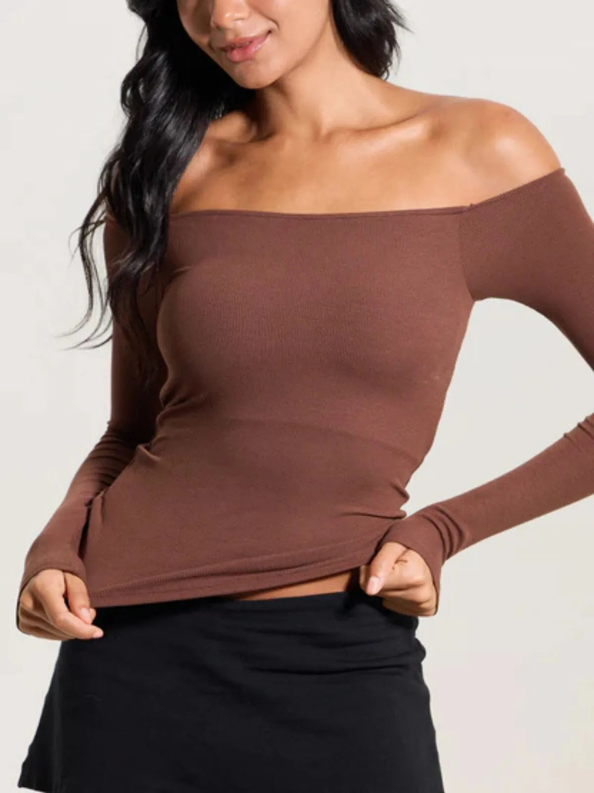 Solid Slashed Cold Shoulder Ribbed T-shirt