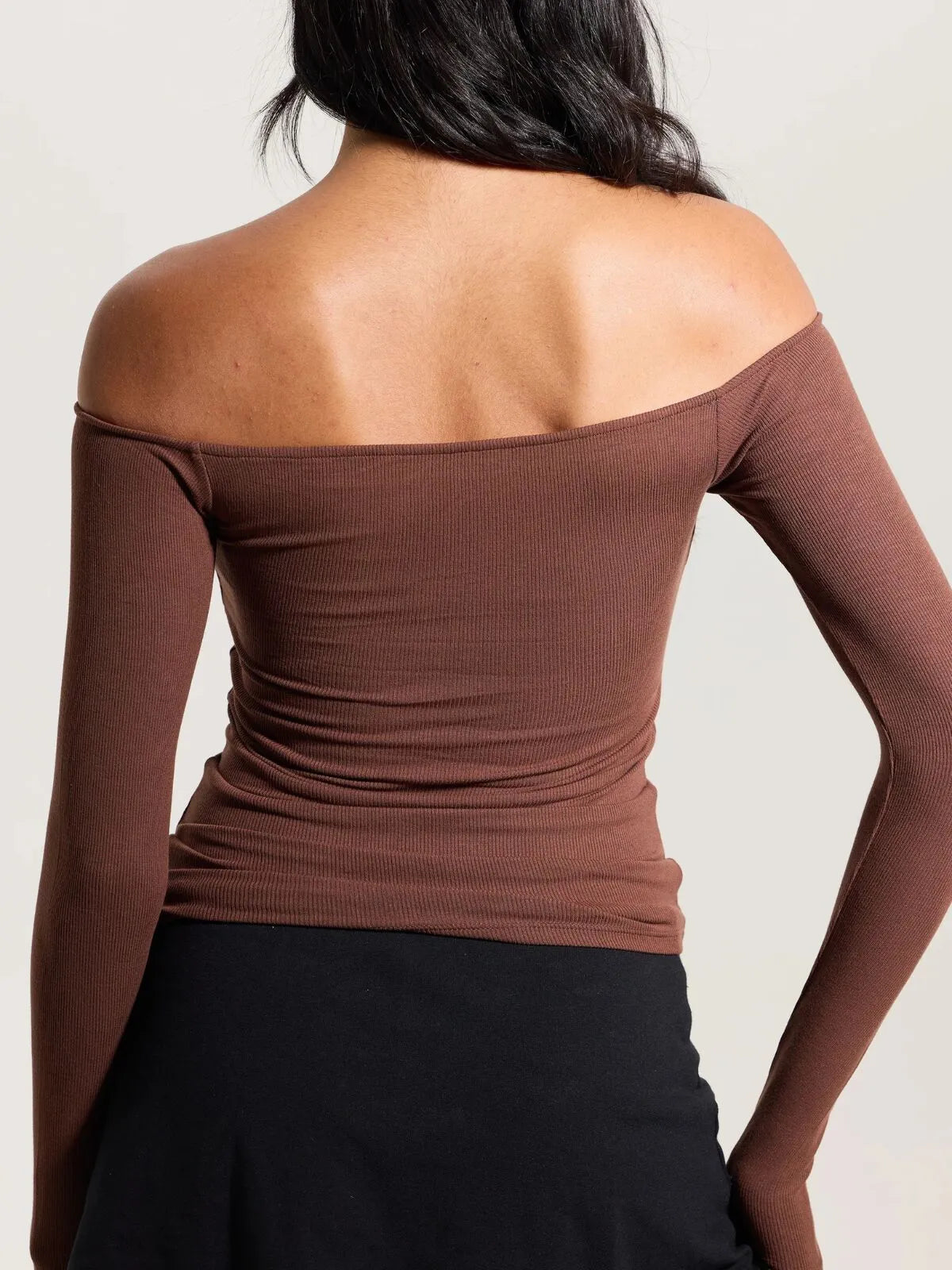 Solid Slashed Cold Shoulder Ribbed T-shirt