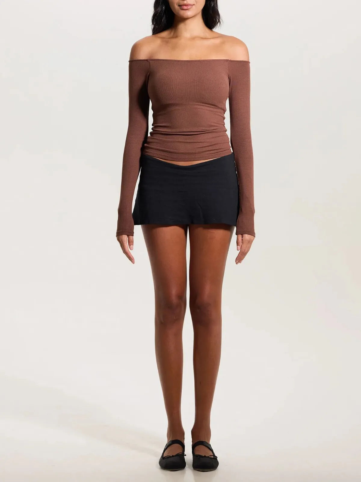 Solid Slashed Cold Shoulder Ribbed T-shirt