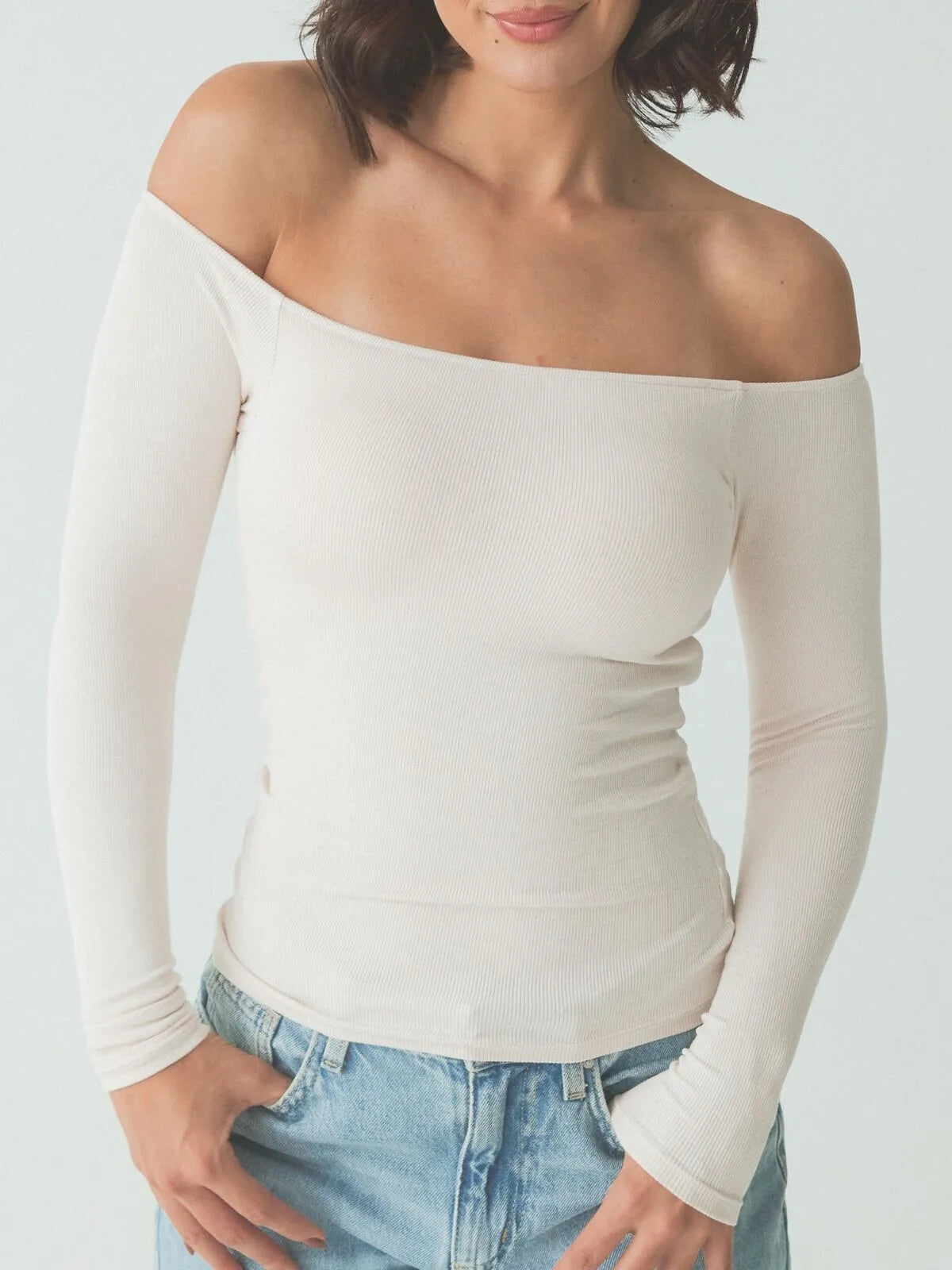 Solid Slashed Cold Shoulder Ribbed T-shirt
