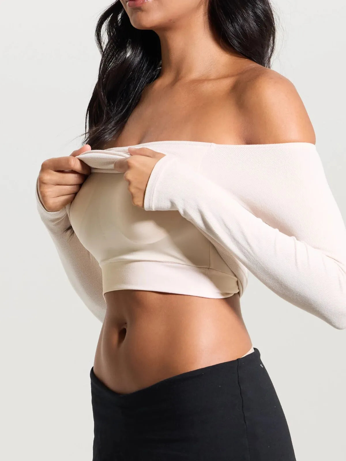 Solid Slashed Cold Shoulder Ribbed T-shirt