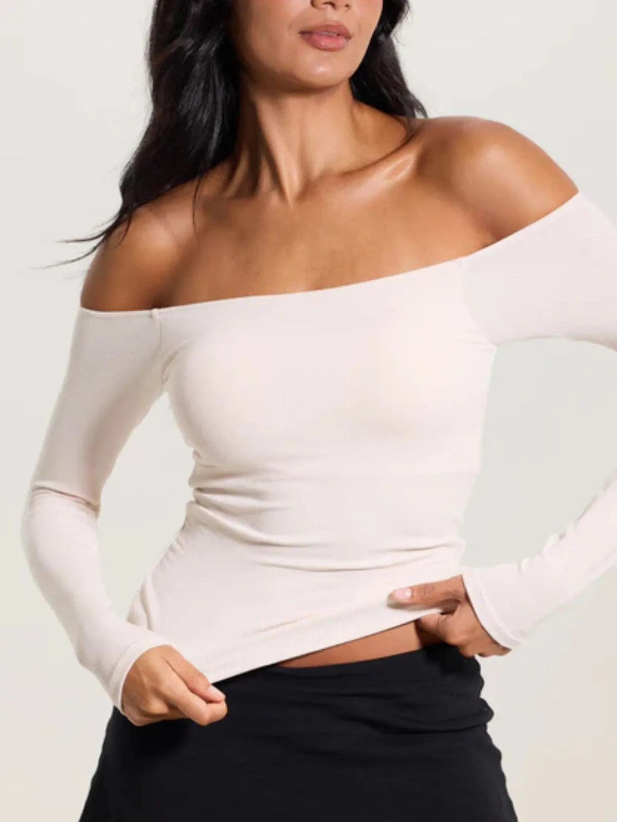 Solid Slashed Cold Shoulder Ribbed T-shirt