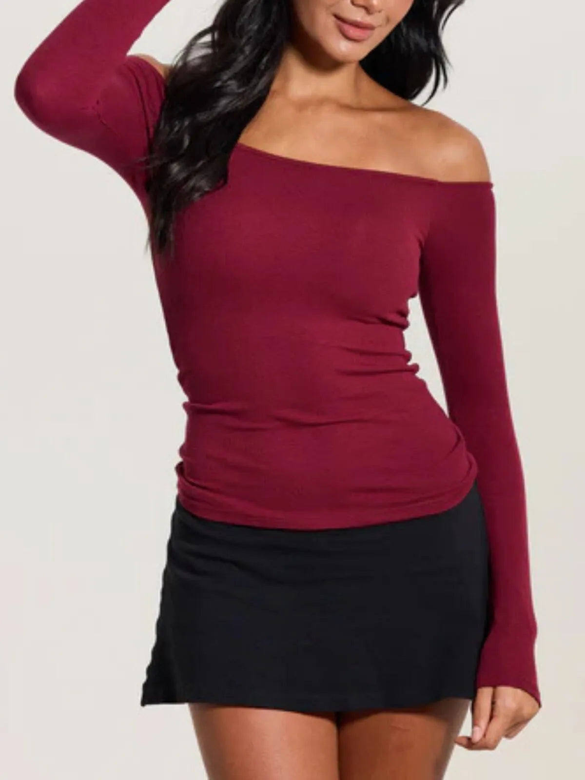 Solid Slashed Cold Shoulder Ribbed T-shirt