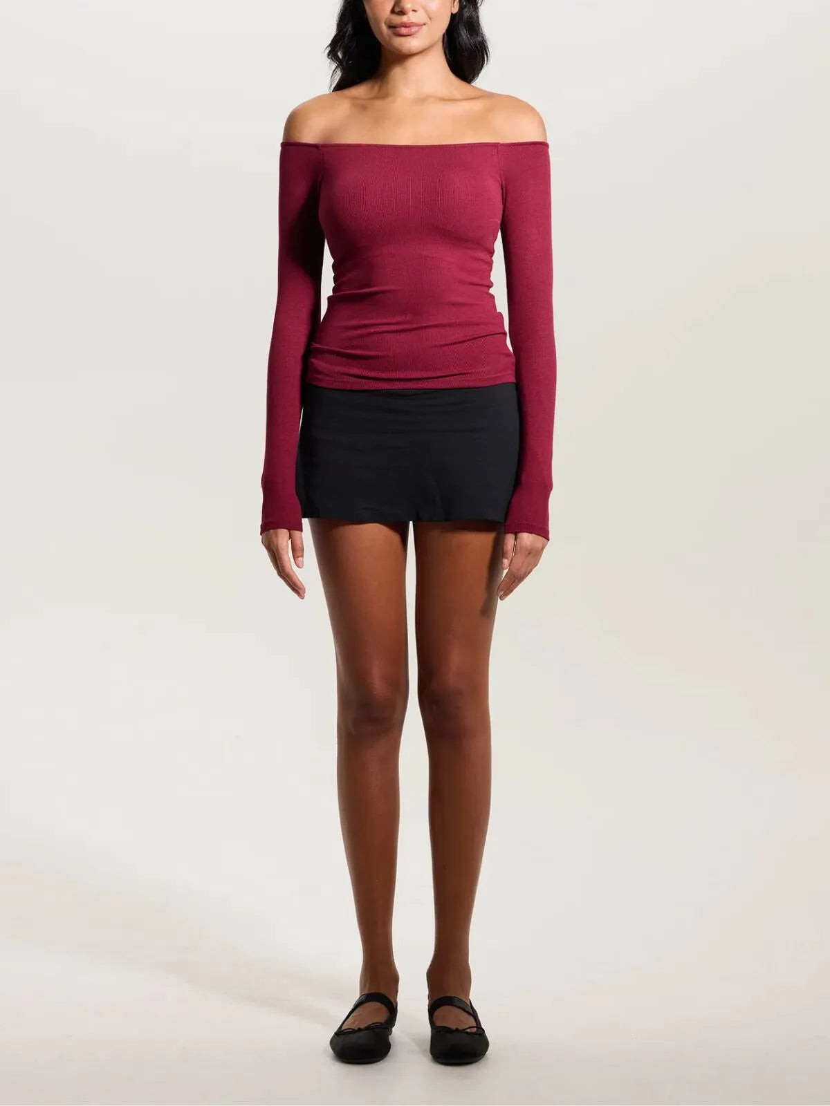 Solid Slashed Cold Shoulder Ribbed T-shirt