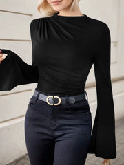 Solid Slashed Flare Long Sleeve Blouse