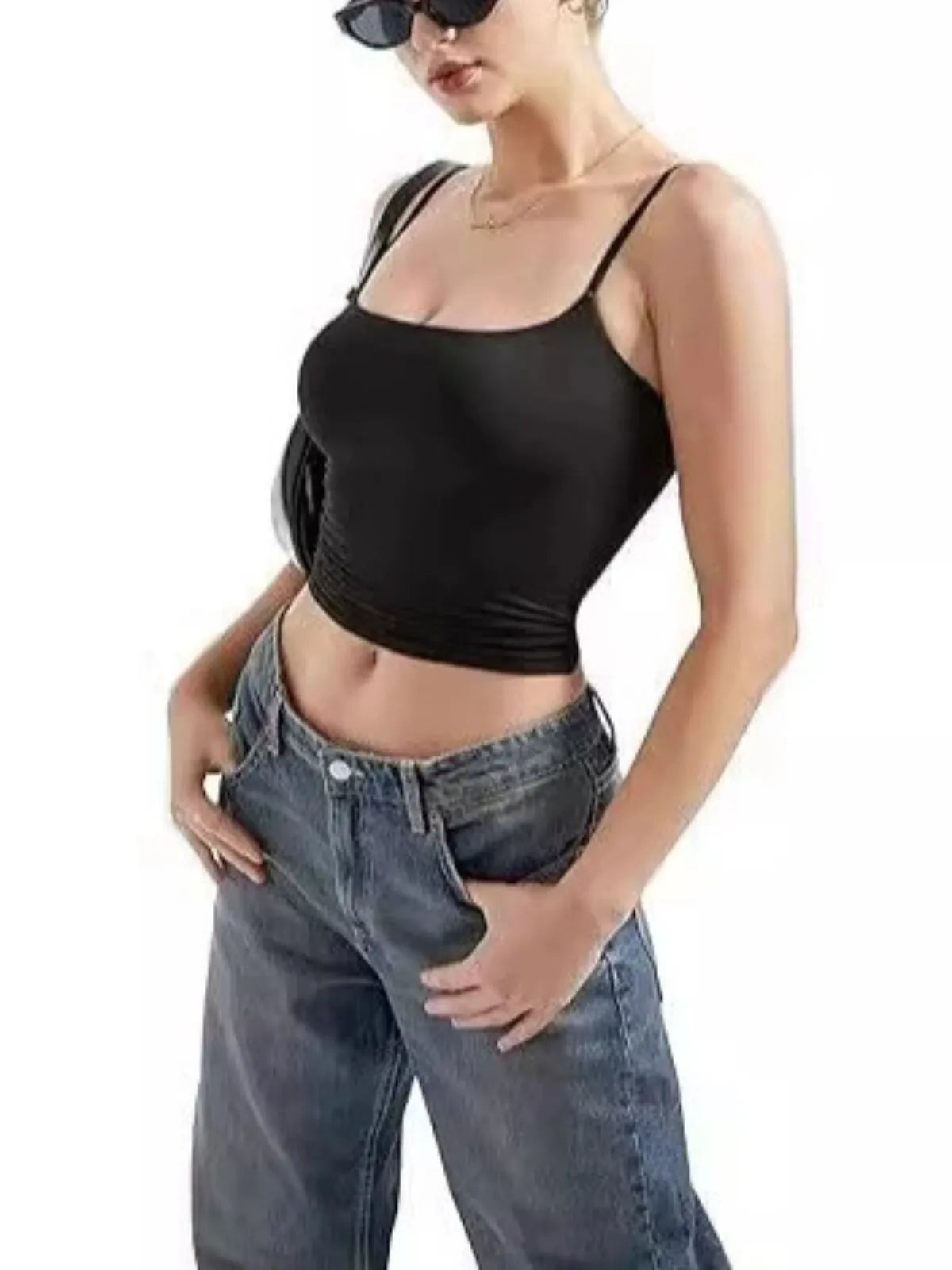 Solid Square Neck Adjustable Spaghetti Strap Basic Cami
