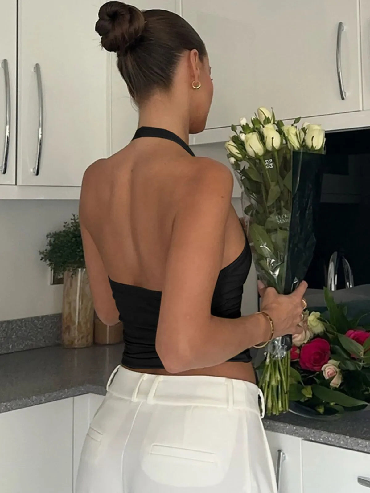 Solid Spaghetti Strap Ribbed Halter Neck Top for Daily Wear