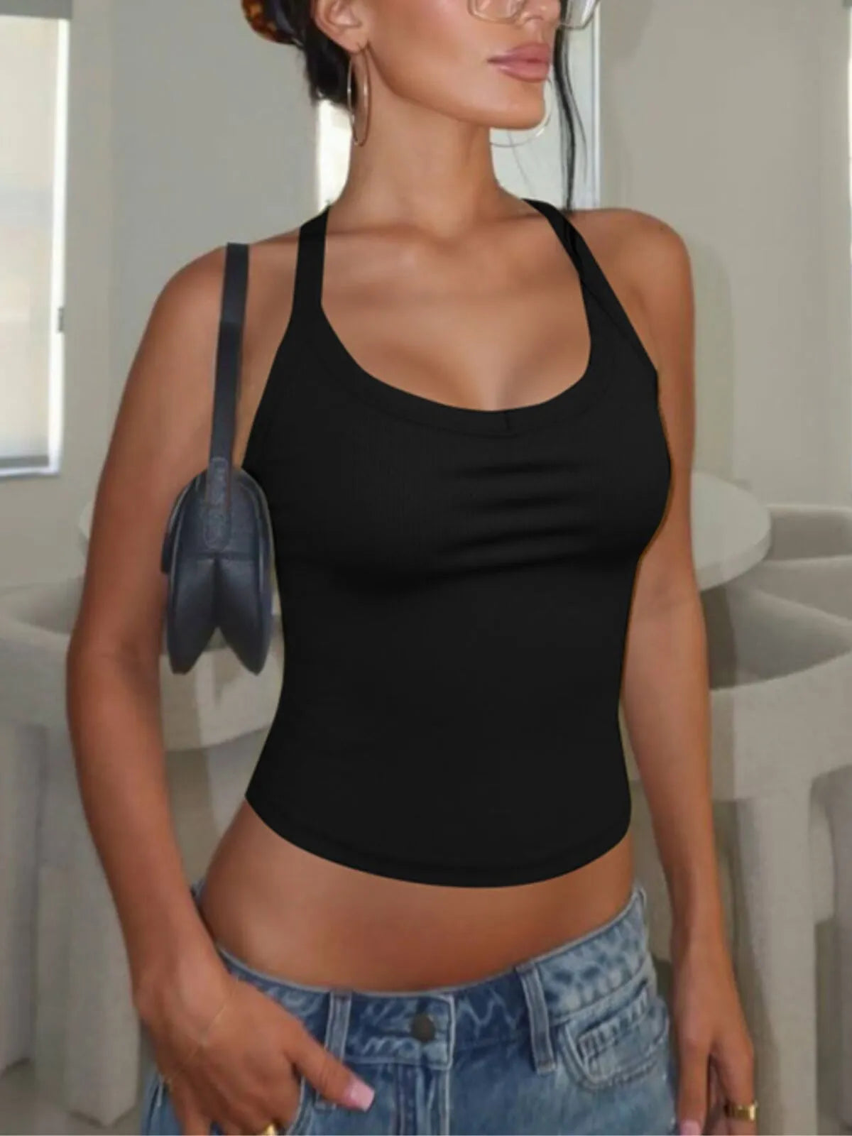 Solid Spaghetti Strap Ribbed Halter Neck Top for Daily Wear