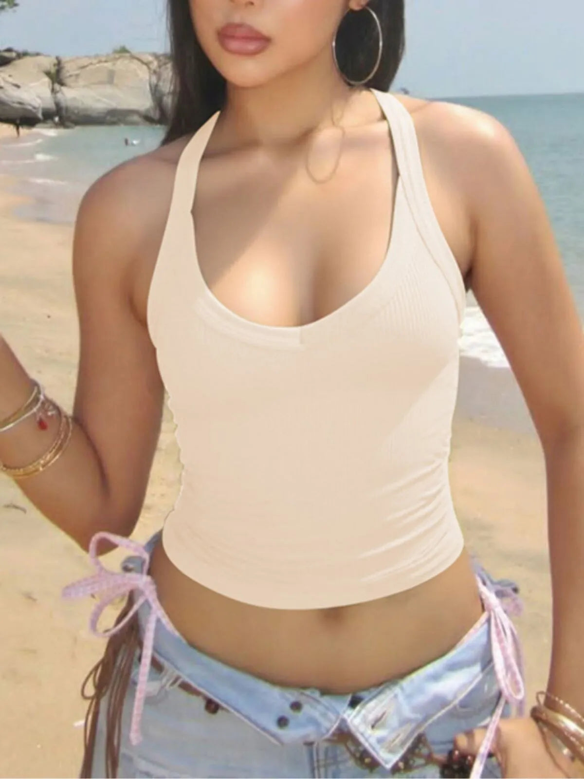 Solid Spaghetti Strap Ribbed Halter Neck Top for Daily Wear