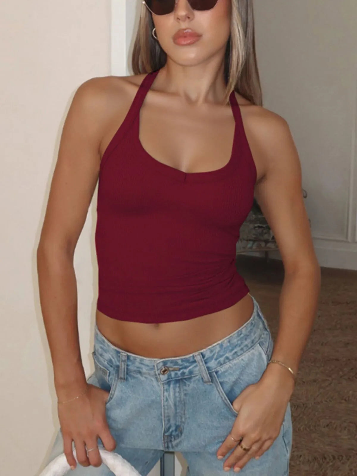 Solid Spaghetti Strap Ribbed Halter Neck Top for Daily Wear