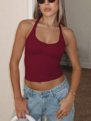 Solid Spaghetti Strap Ribbed Halter Neck Top for Daily Wear
