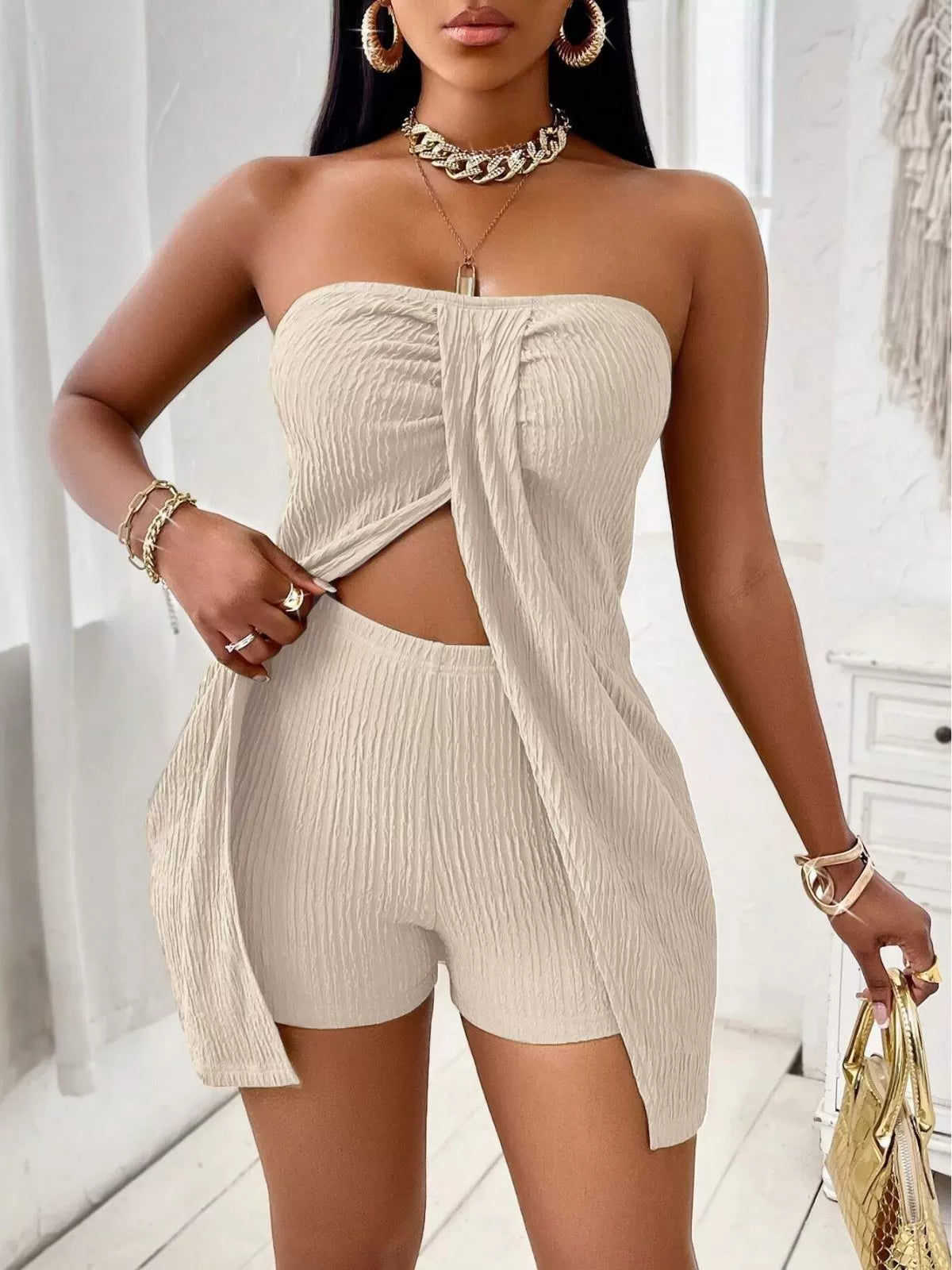 Solid Split Strapless Top & Solid Shorts
