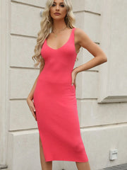 Solid Split V-neck Knitted Slit Dress