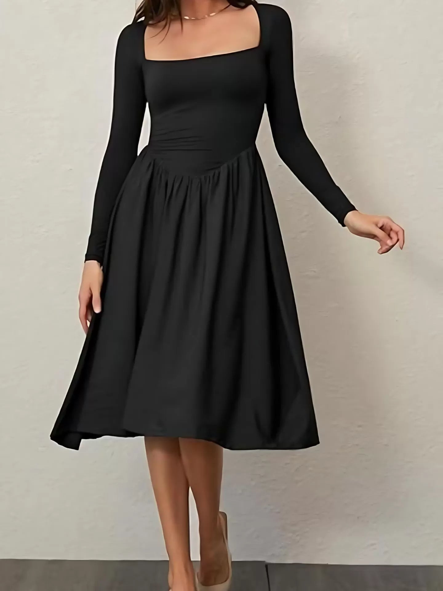 Spring Fashion 2025 Square Neck Long Sleeve Casual A-Line Midi Dress