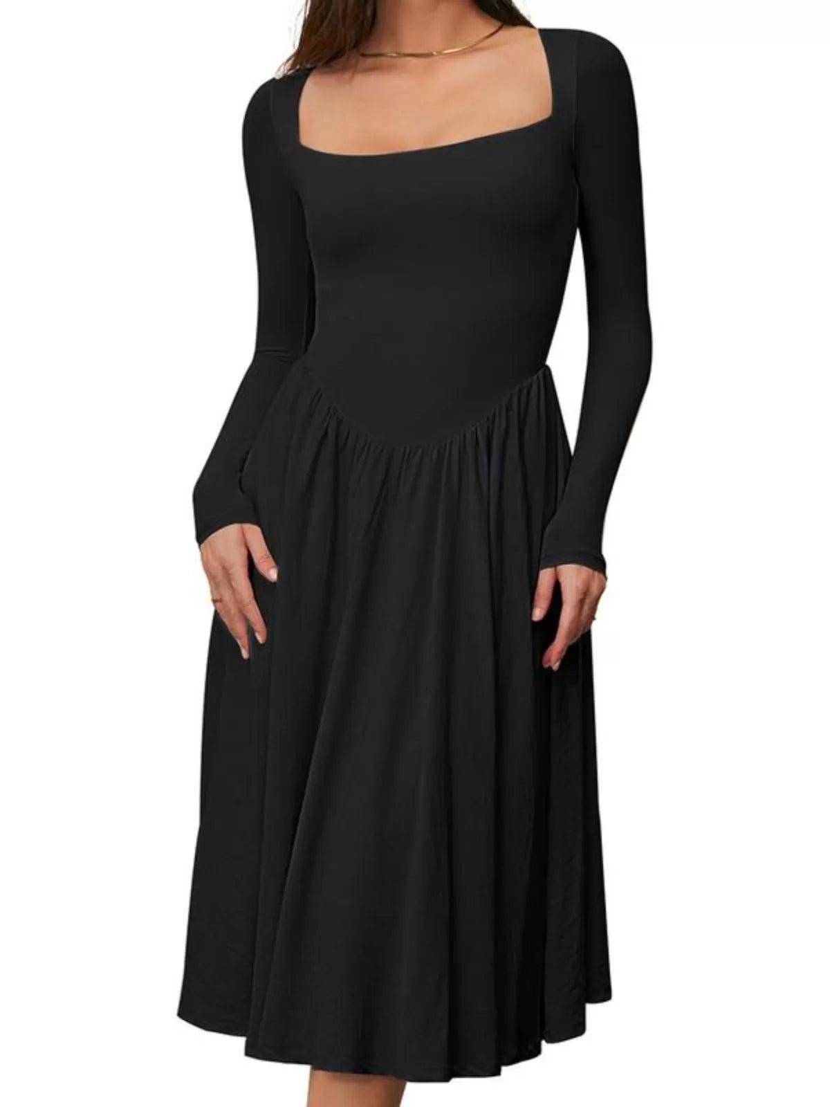 Spring Fashion 2025 Square Neck Long Sleeve Casual A-Line Midi Dress