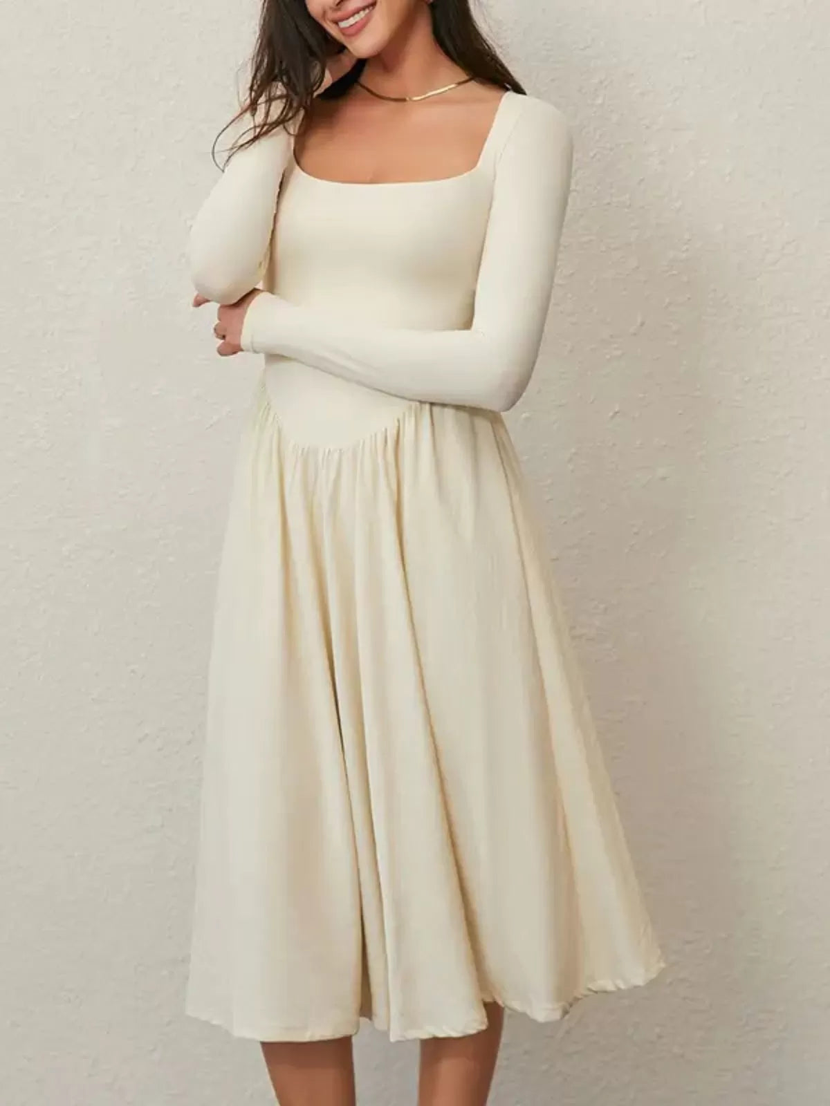 Spring Fashion 2025 Square Neck Long Sleeve Casual A-Line Midi Dress