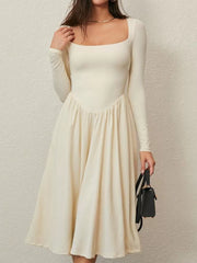 Spring Fashion 2025 Square Neck Long Sleeve Casual A-Line Midi Dress