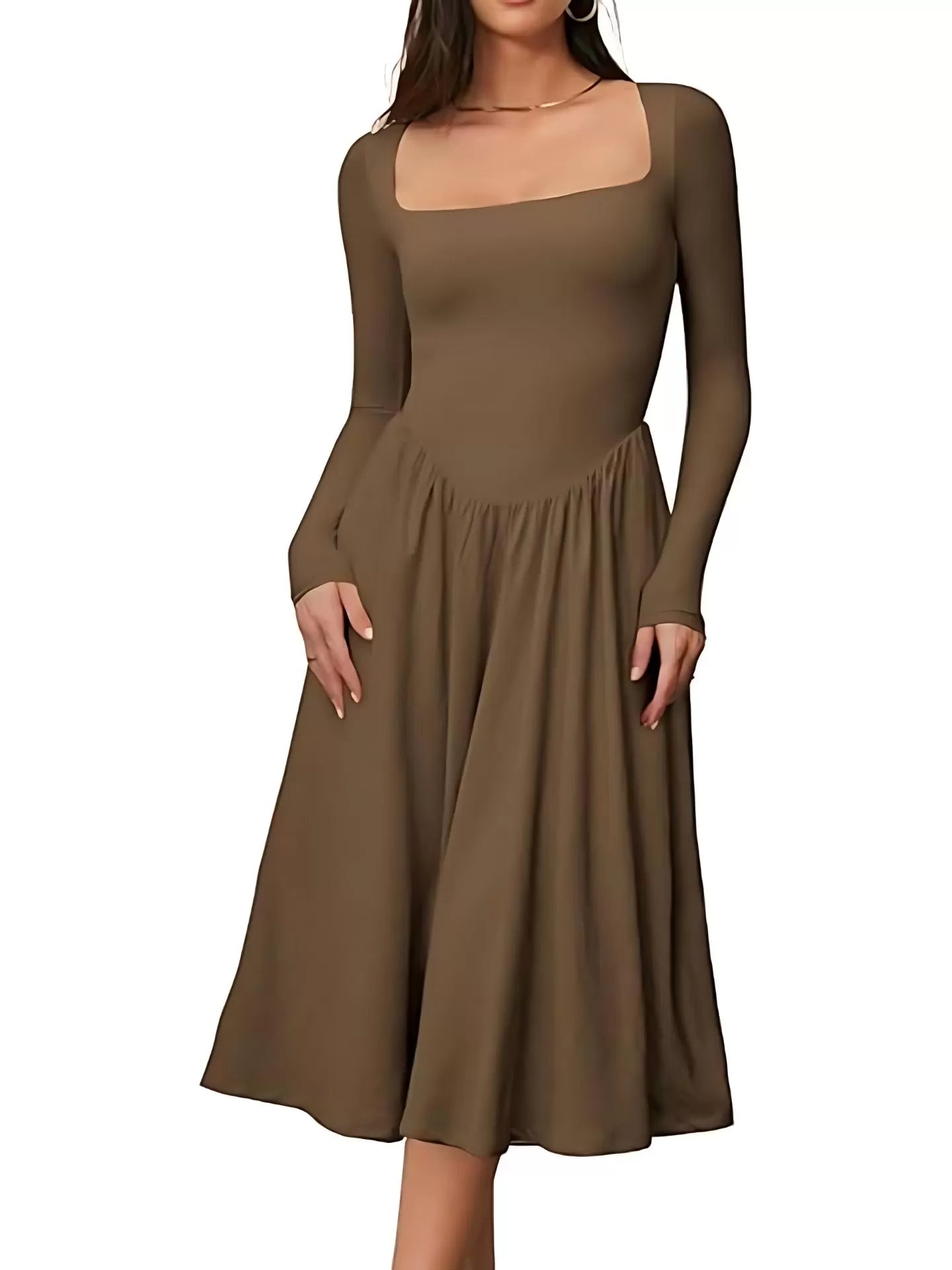 Spring Fashion 2025 Square Neck Long Sleeve Casual A-Line Midi Dress