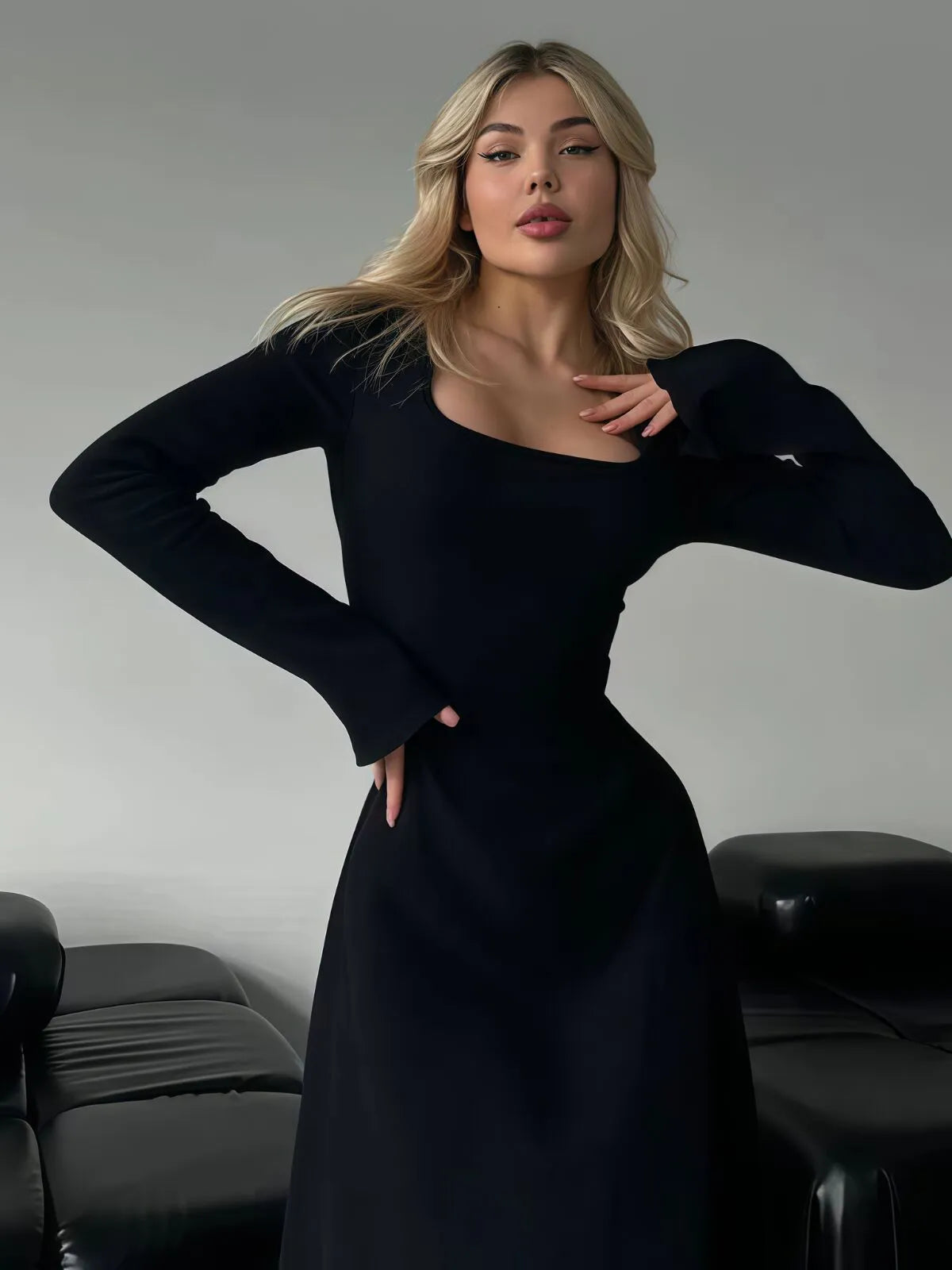 Solid Plain Lace Up Tie Back Square Neck Flounce Sleeve A-line Dress, Ladies Fall & Winter Clothes