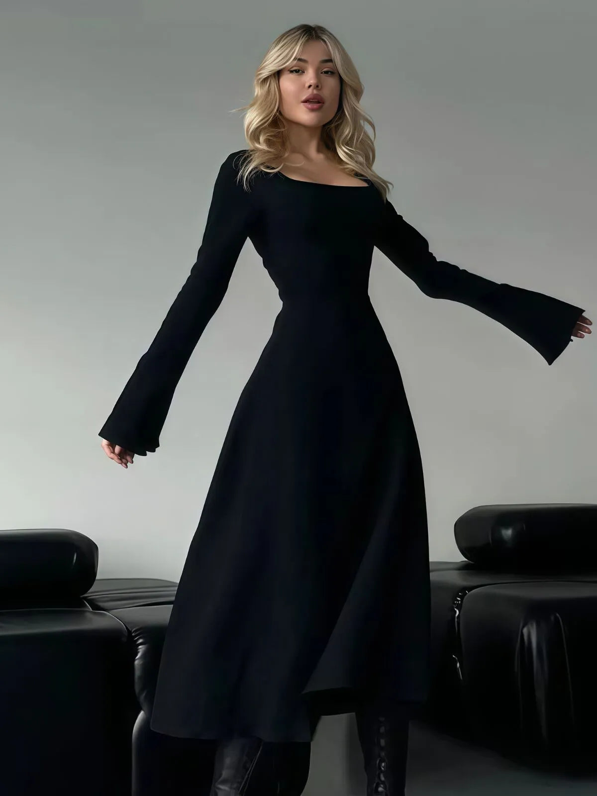 Solid Plain Lace Up Tie Back Square Neck Flounce Sleeve A-line Dress, Ladies Fall & Winter Clothes