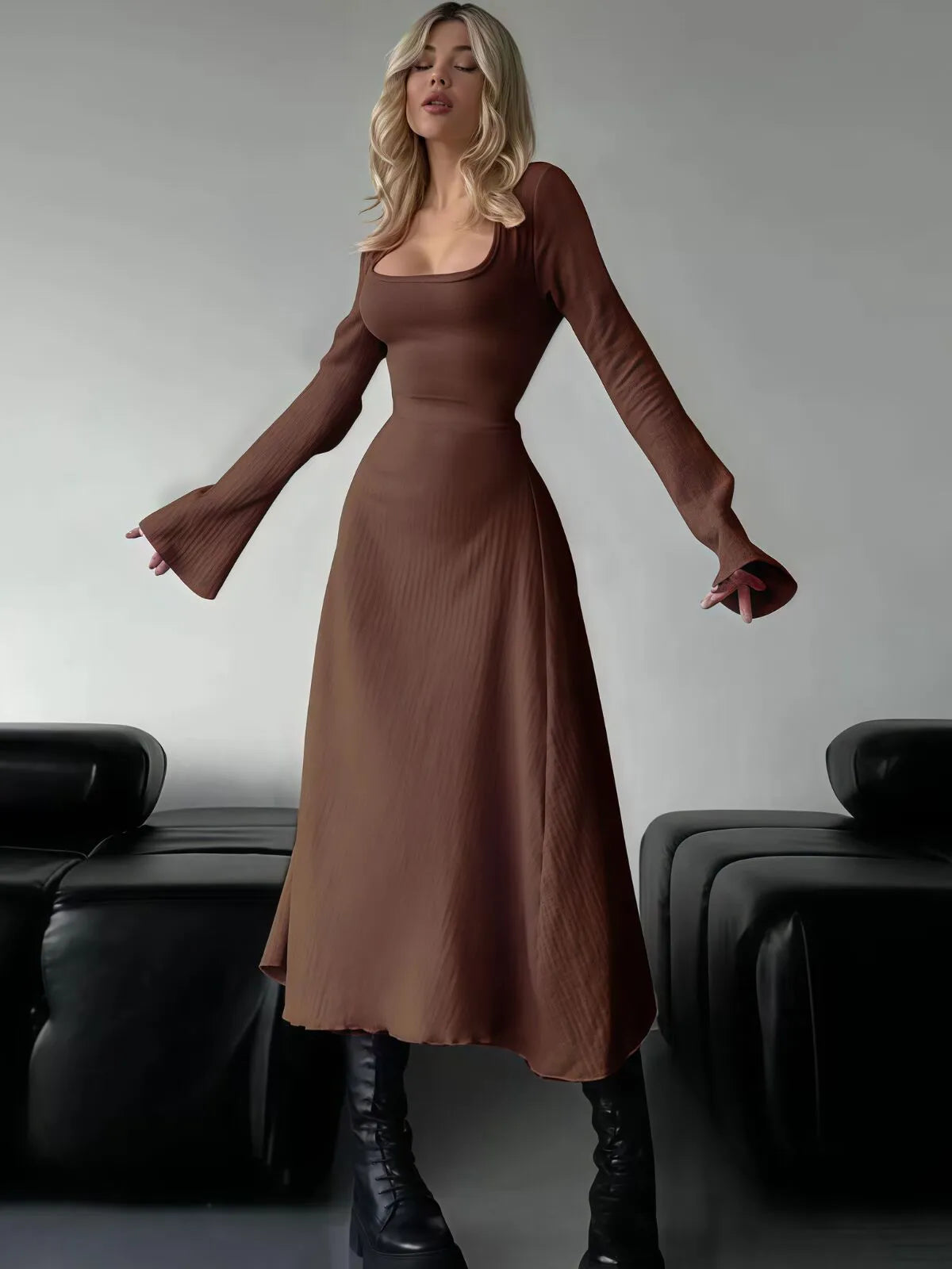 Solid Plain Lace Up Tie Back Square Neck Flounce Sleeve A-line Dress, Ladies Fall & Winter Clothes