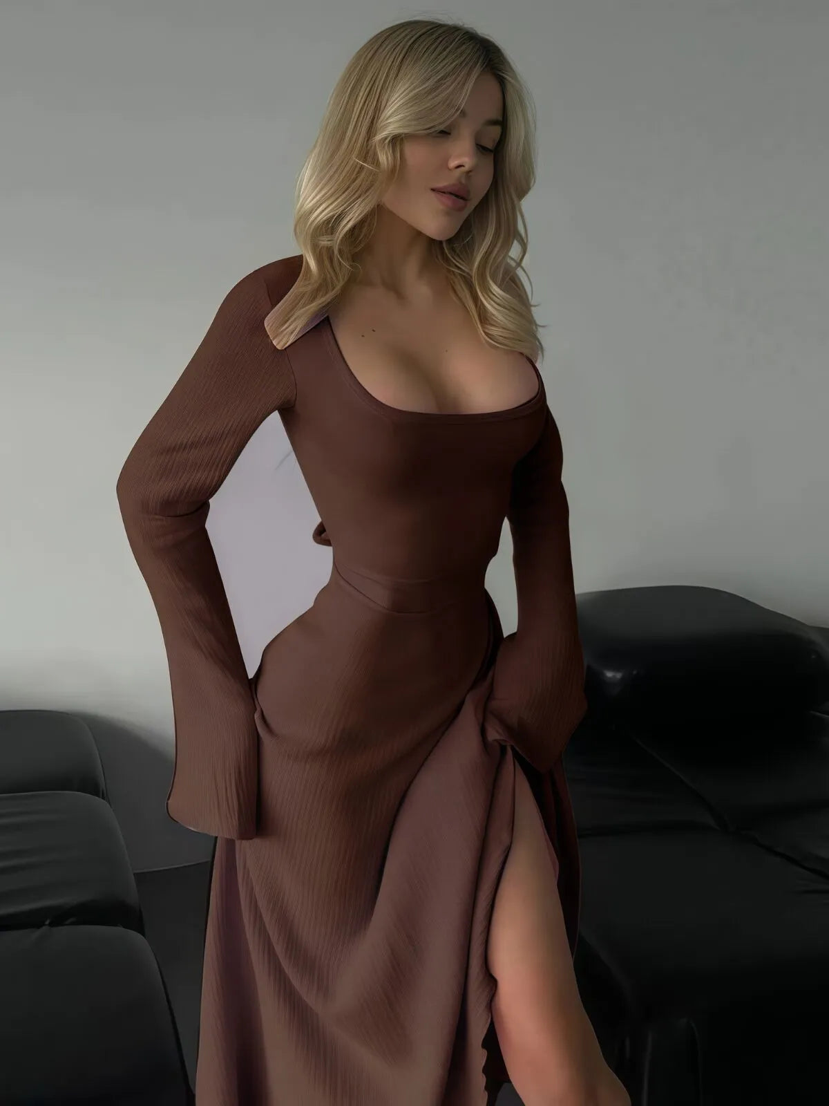 Solid Plain Lace Up Tie Back Square Neck Flounce Sleeve A-line Dress, Ladies Fall & Winter Clothes
