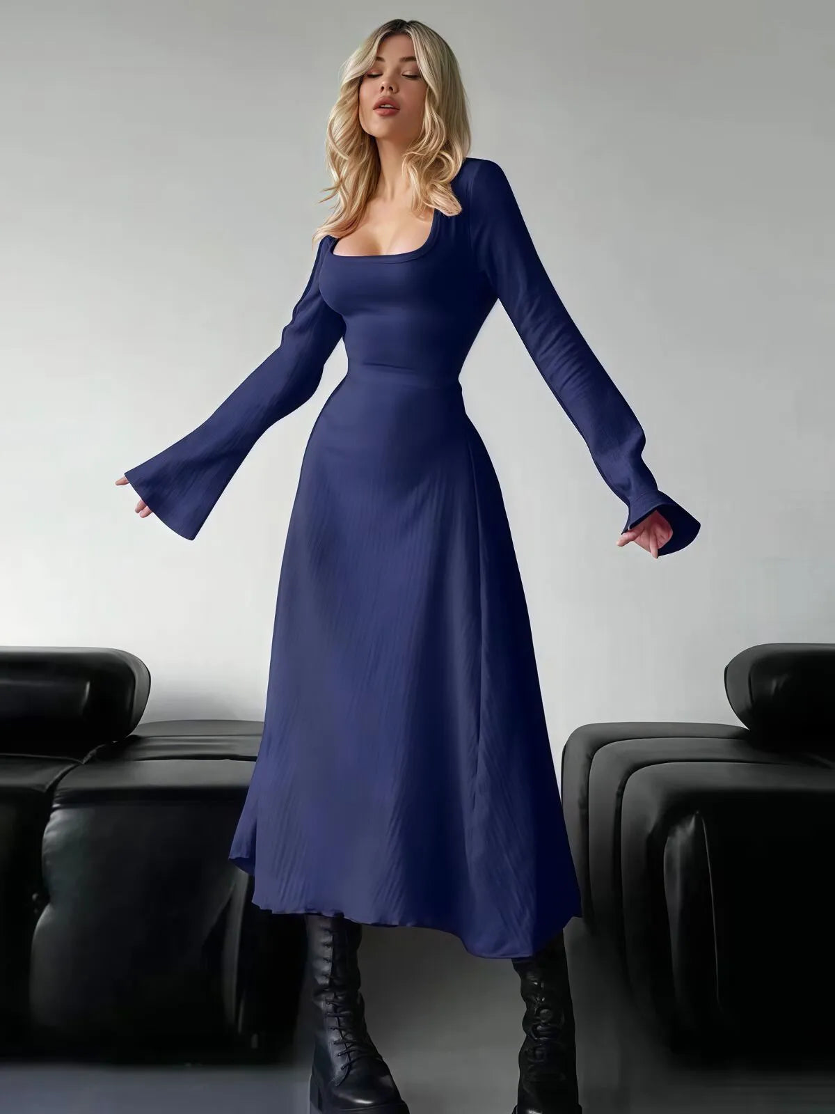 Solid Plain Lace Up Tie Back Square Neck Flounce Sleeve A-line Dress, Ladies Fall & Winter Clothes
